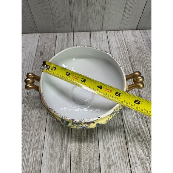 Vtg Chinese Gilding Lidded Trinket Dish 6" Red Stamp Floral Plum Gold Handles - Picture 10 of 11